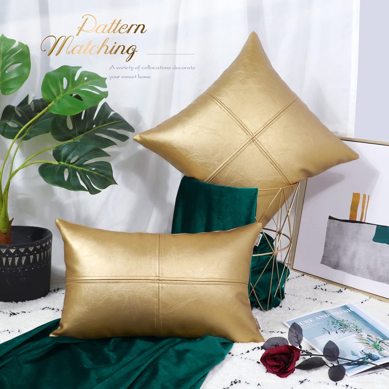BRAWARM Faux Leather Throw Pillow Covers 12 X 20 Inches, Gold Leather Pillow Cover, Hand Stitched Leather Decorative Lumbar Pillow Cover for Couch Sofa Bed Living Room Home Garden - Image 3